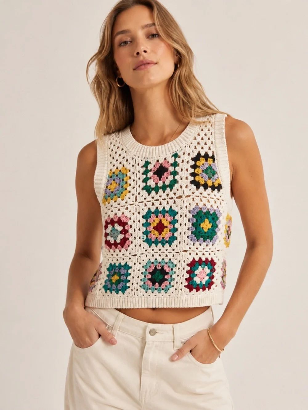 Cotton Emporium Granny Square Crochet Cropped Sweater Vest Large Boho